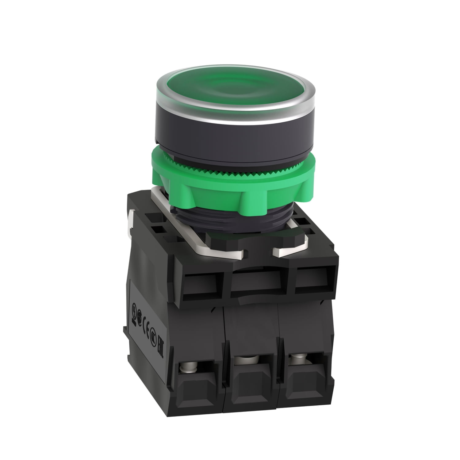 Pulsante LED Illuminato 24V AC/DC, Completo Con Lunetta Metallo Cromato, 1 Contatto NA E 1 NC, Verde