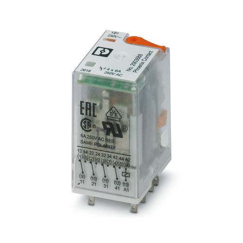 Rele Enchufable, REL-IR4/L-230AC/4X21, B:230VAC, O: 5-250VAC/DC, 6A, 4NANC