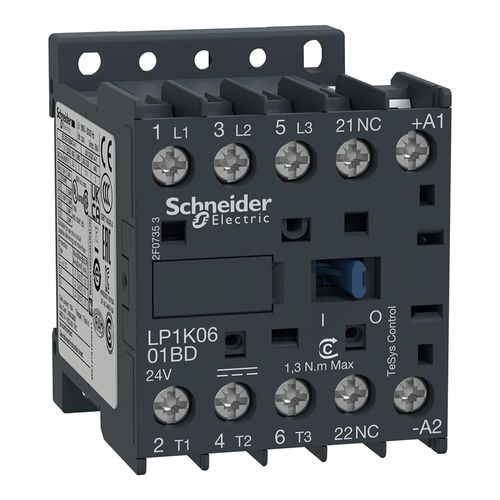 Mini-Contactor TeSys K 3P, 12A AC-3, 16A AC-1(690V), 20A AC-1(440V), B:24VDC, 1NC; LP1K1201BD